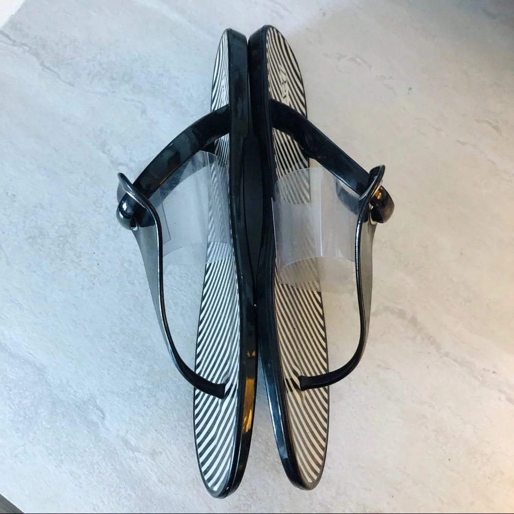 Dexter Black Strappy Thong Sandals with Striped Footbed